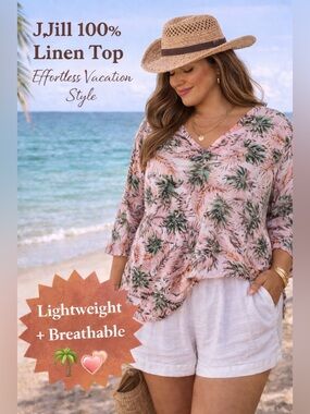 J.Jill 100% Linen Tropical Palm Leaf Blouse Pink Boho Flowy Top Women’s 2X